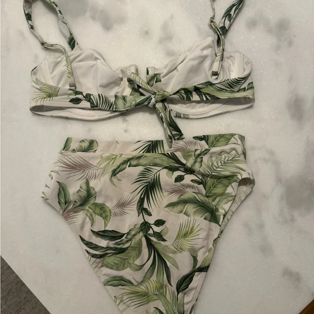 Monday Swimwear Green Leaf Print Bikini Top and High Waist Bottoms